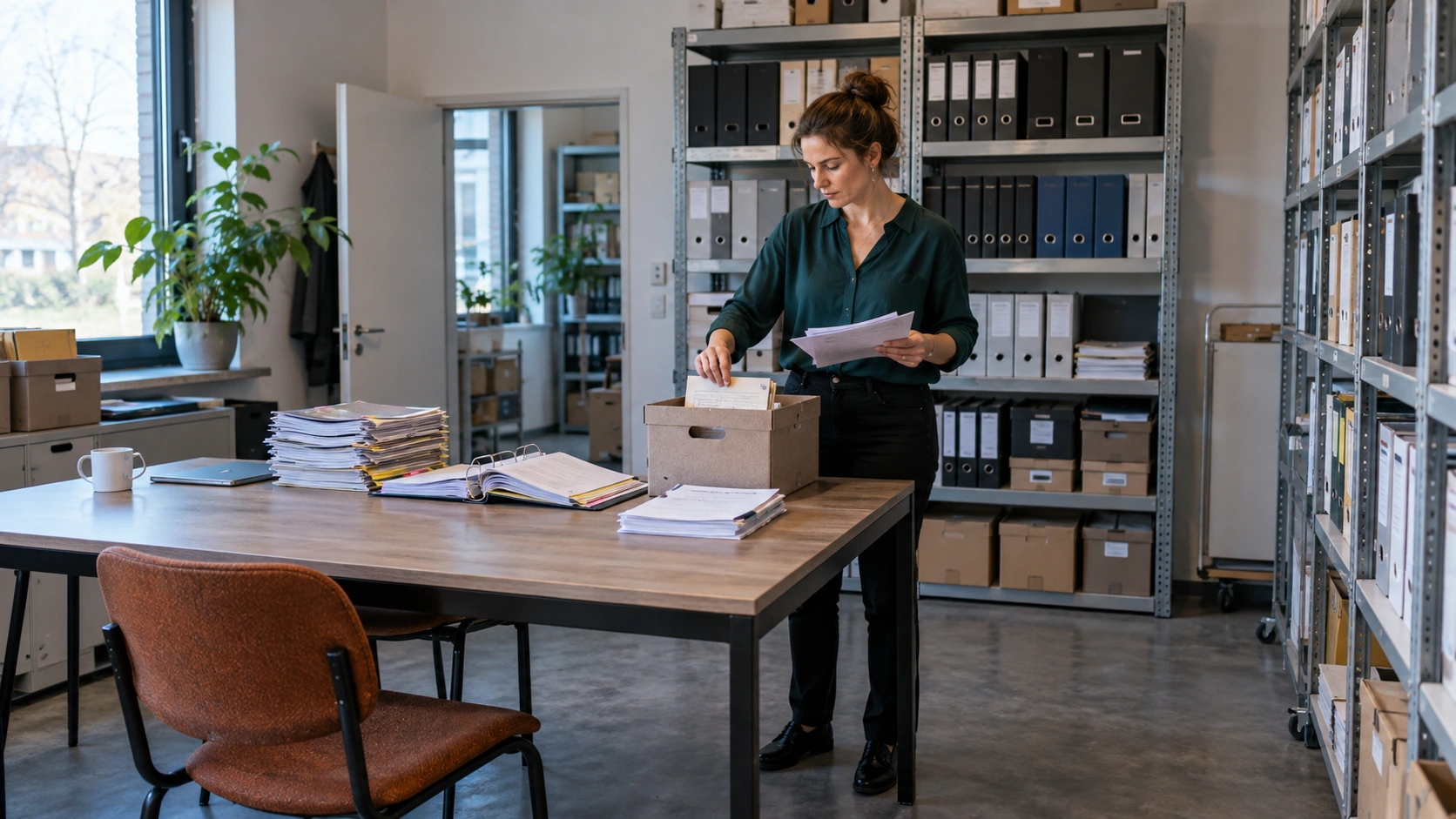 Een ondernemer ordent formulieren en dossiers om een administratief proces te vereenvoudigen.