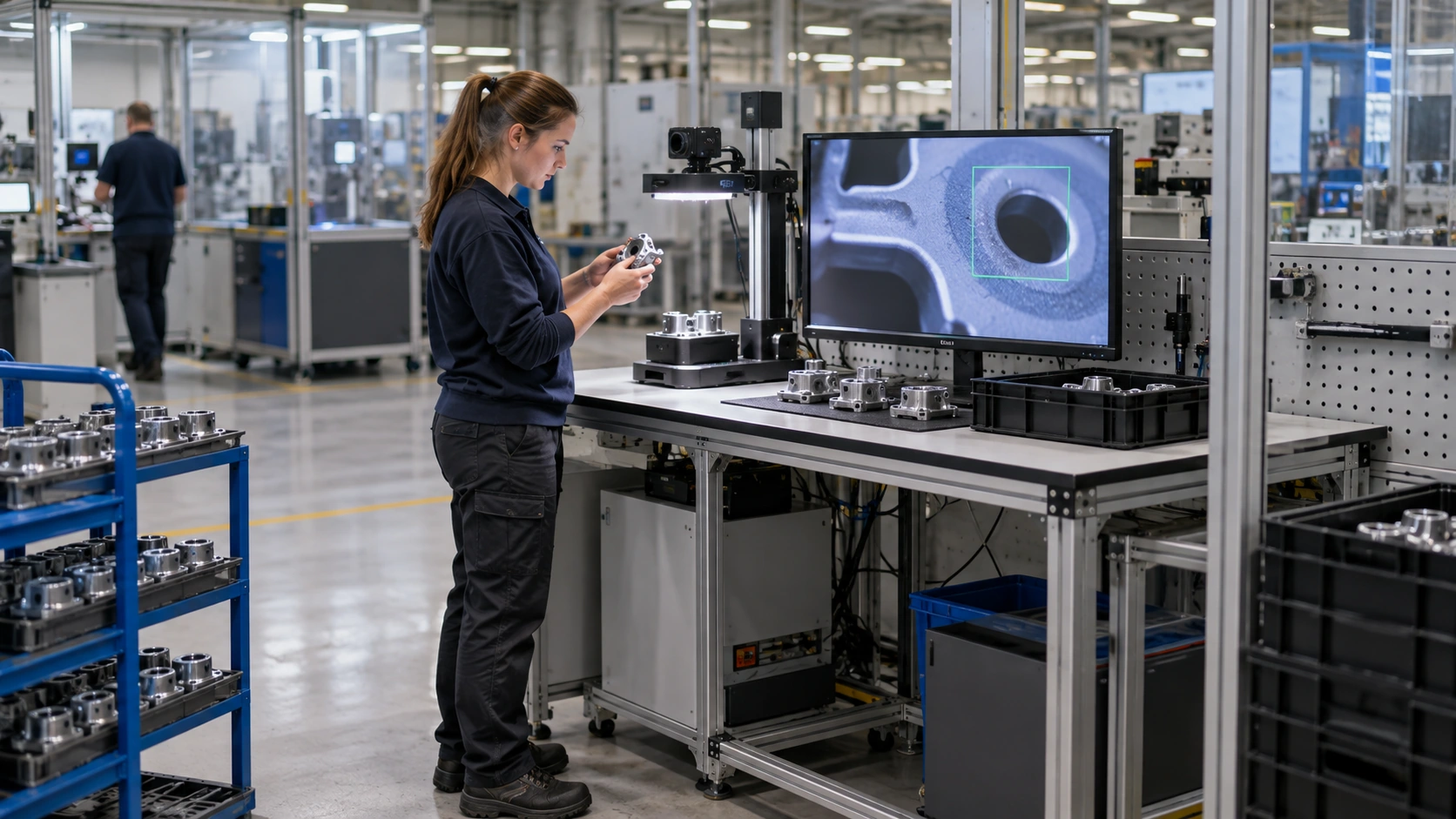 Ein Mitarbeiter der Qualitätssicherung prüft ein Produkt neben einem automatisierten Kamerasystem.