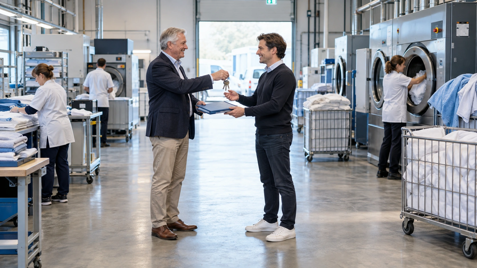 Eigenaar draagt sleutels en dossiers van een draaiende wasserij over aan een opvolger.