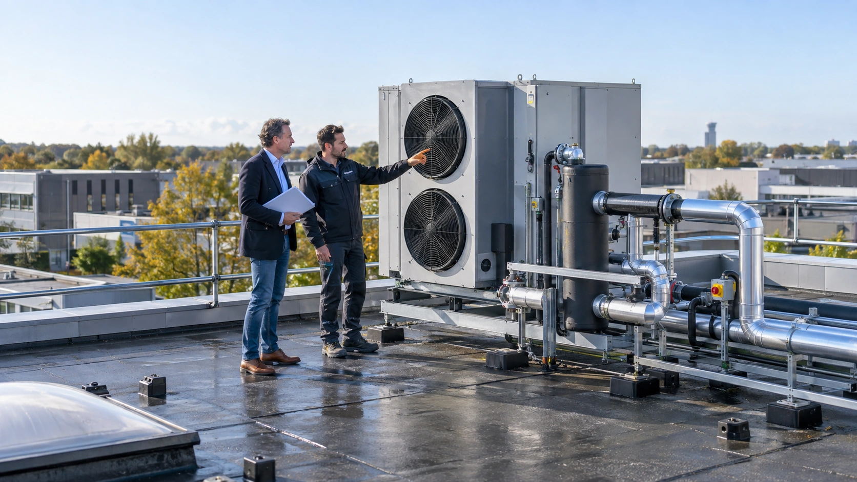 Ondernemer en adviseur inspecteren een industriële warmtepomp op een bedrijfsdak.