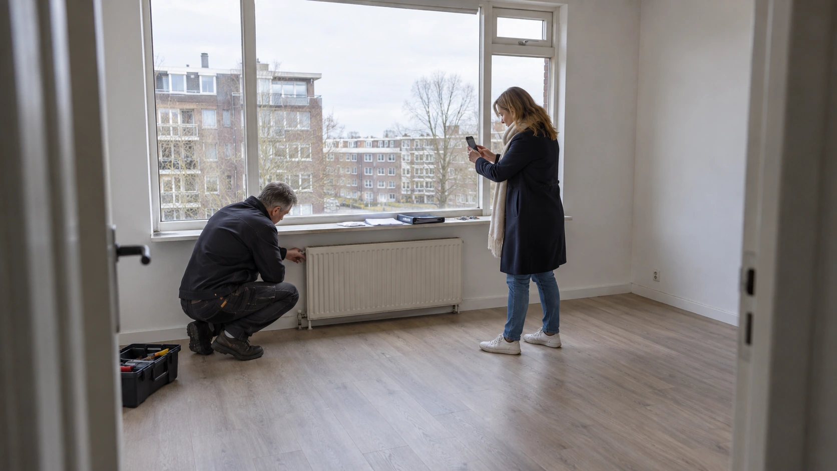 Ein Vermieter dokumentiert Wartungsarbeiten an einem Heizkörper in einer Mietwohnung.