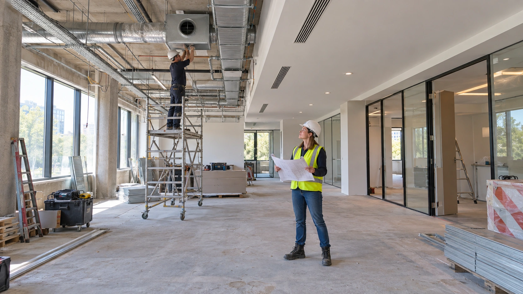 Installatiewerk en controle van een plattegrond tijdens de verbouwing van een bedrijfsgebouw.