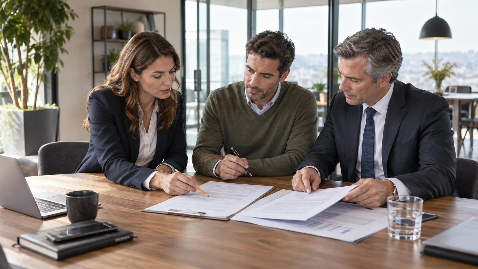 Een ondernemer en twee adviseurs beoordelen een contract en prijsbijlage vóór ondertekening.