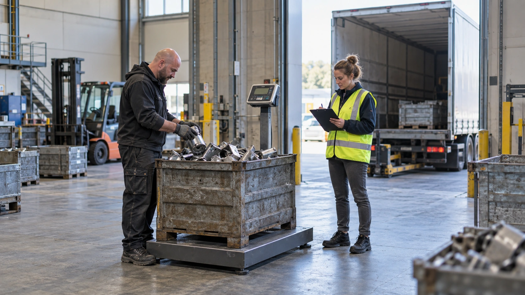 Employees check a delivery and the corresponding materials data.
