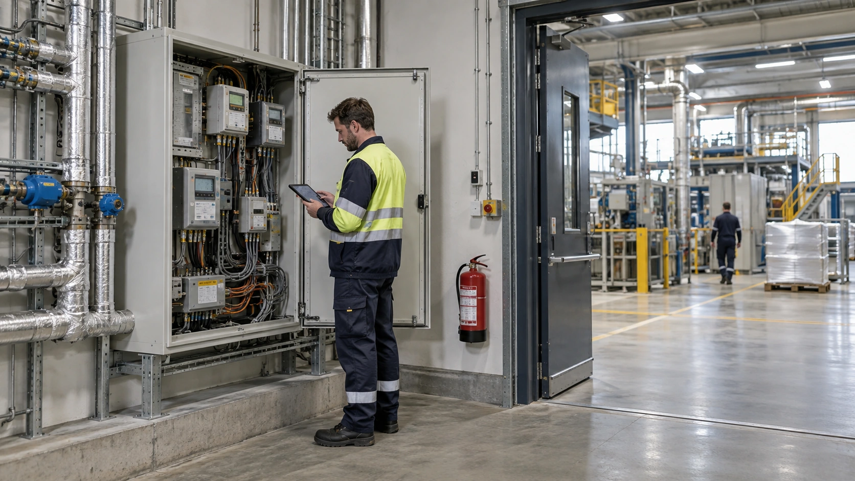 Ein Mitarbeiter des Gebäudemanagements erfasst Energiedaten an einem Zähler in einer Fabrik.