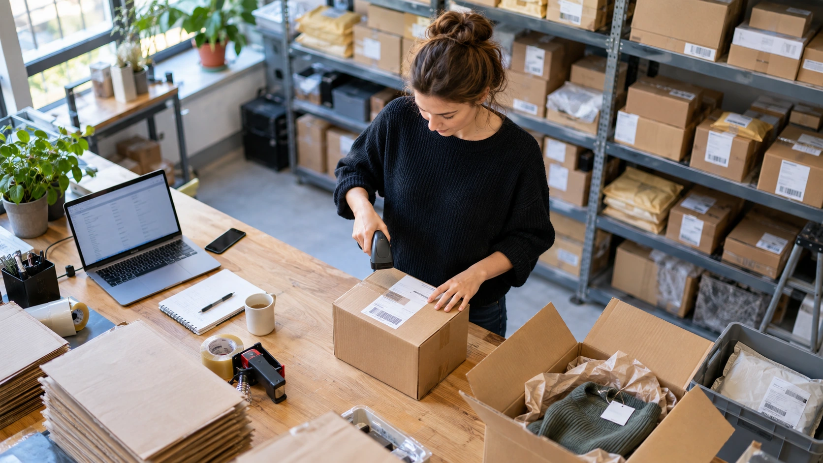 Webshopmedewerker scant een bestelling naast een teruggestuurd pakket.