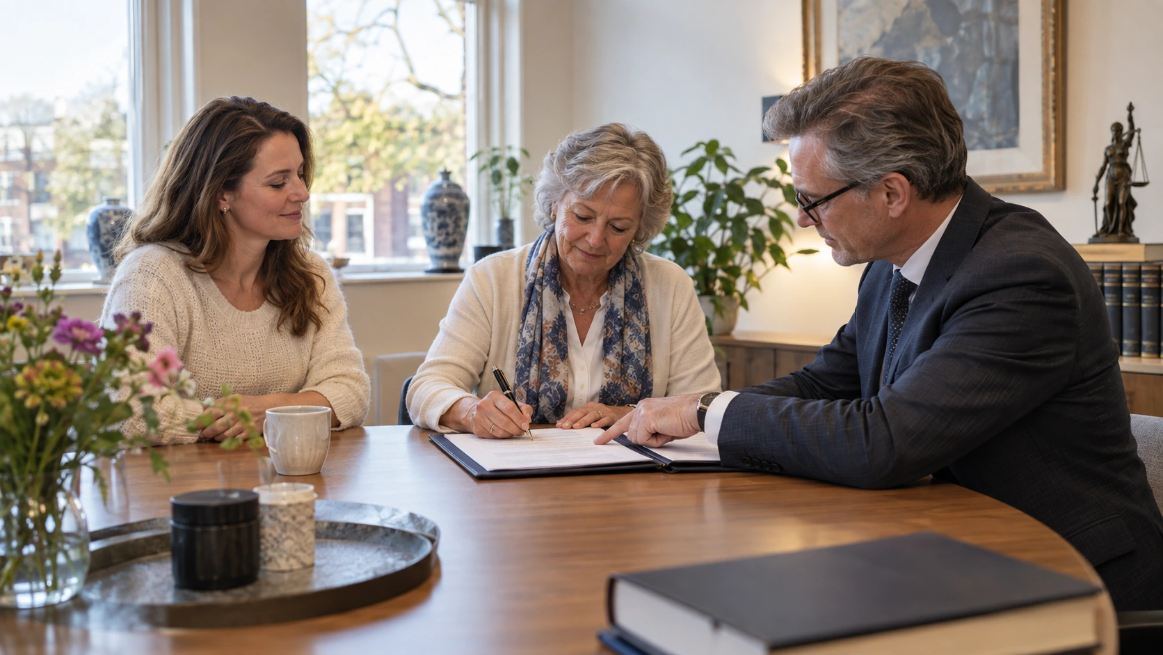 Moeder en volwassen dochter leggen een schenking op papier vast bij de notaris.