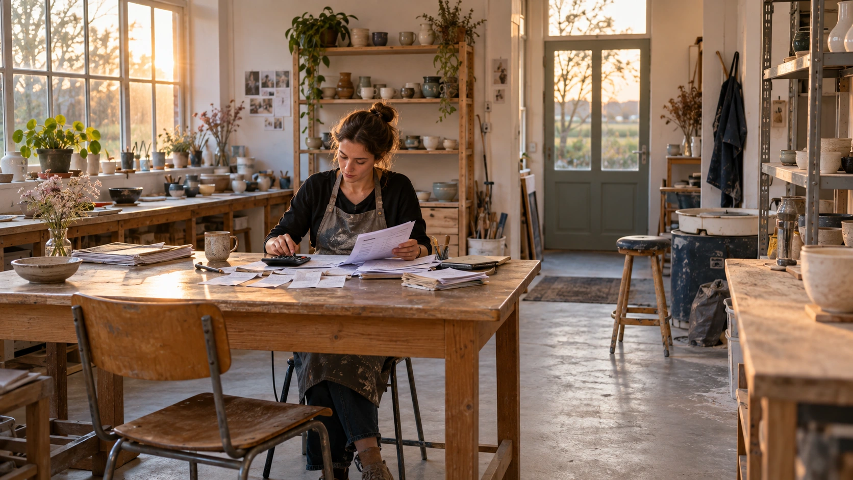 Eine selbstständige Keramikerin ordnet ihre Buchhaltungsunterlagen im Atelier.