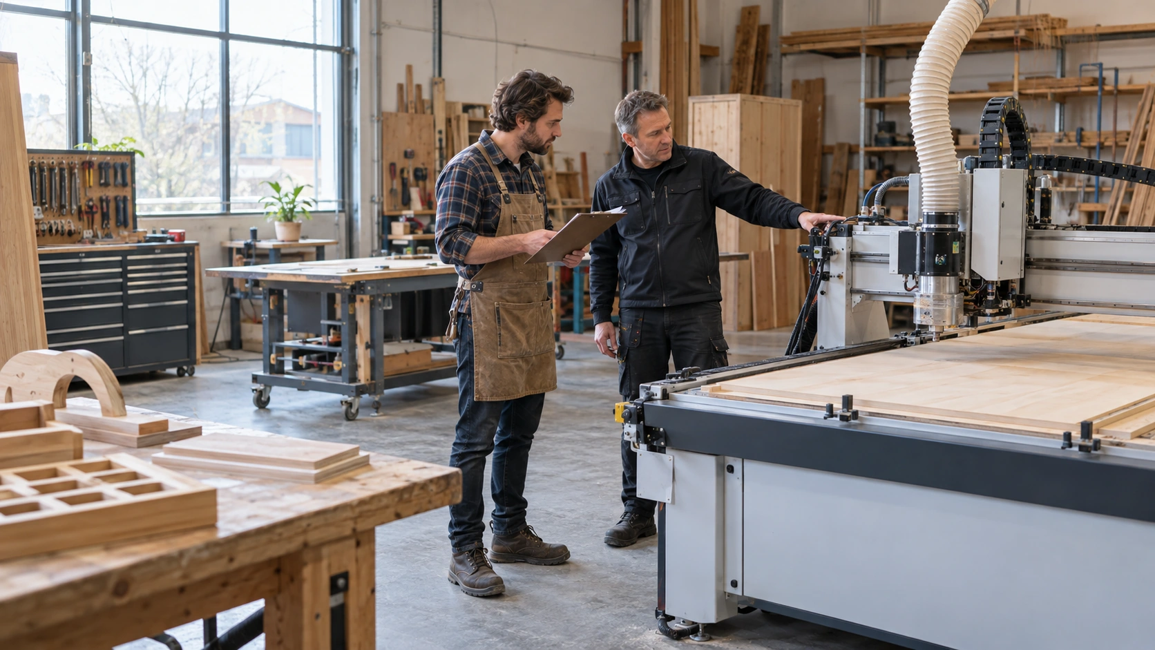 Een meubelmaker beoordeelt een nieuwe freesmachine en offerte vóór de bestelling.