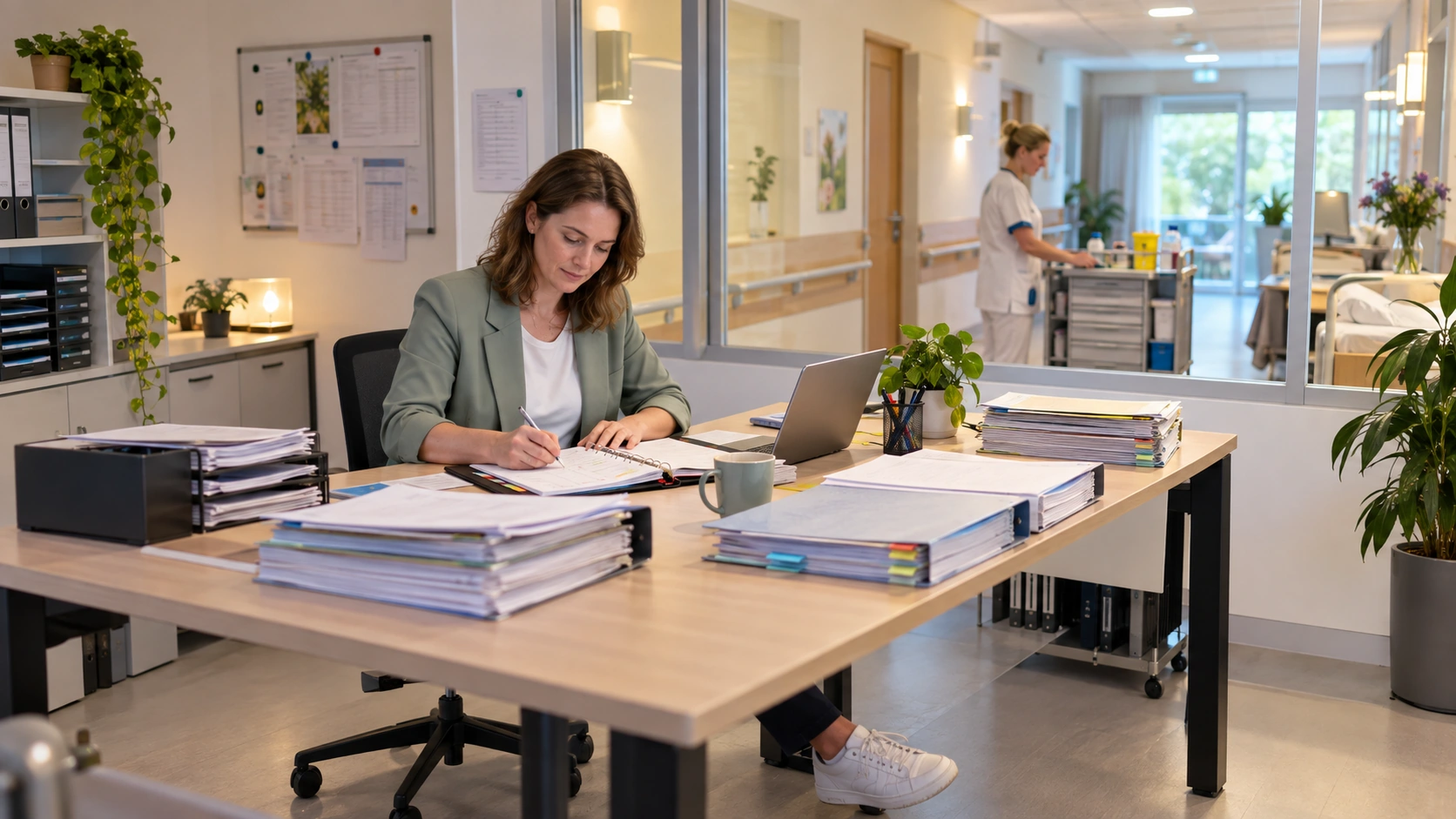 Zorgcontroller werkt aan een verantwoordingsdossier naast een verpleegafdeling.