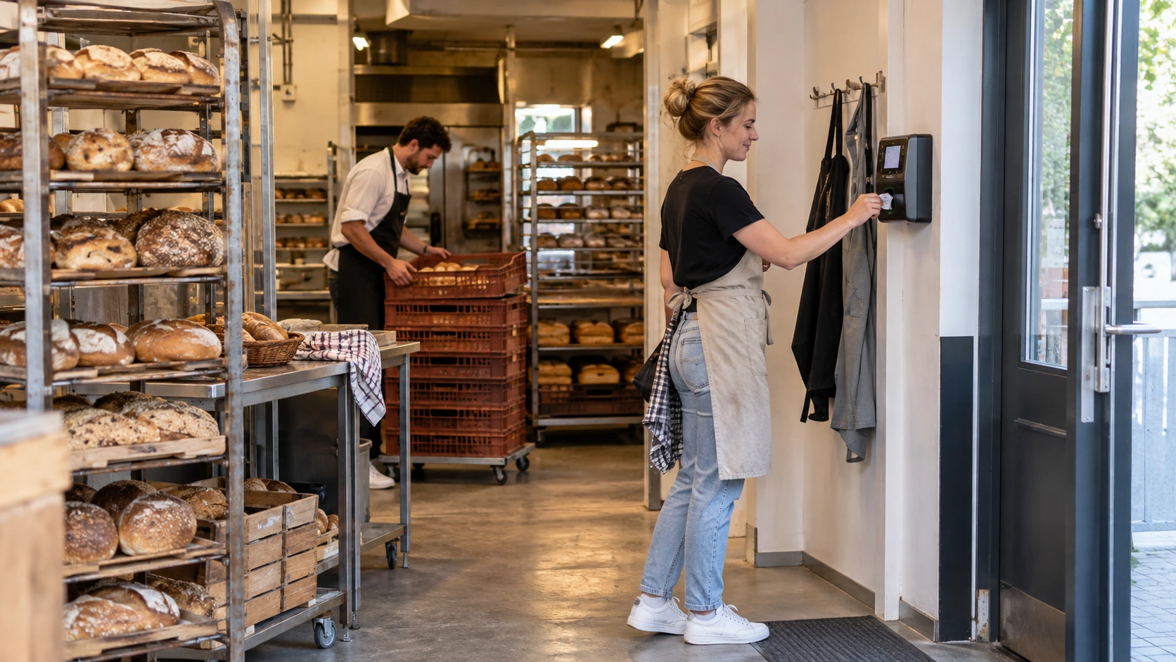 Bakkerijmedewerker registreert de gewerkte uren aan het einde van een dienst.