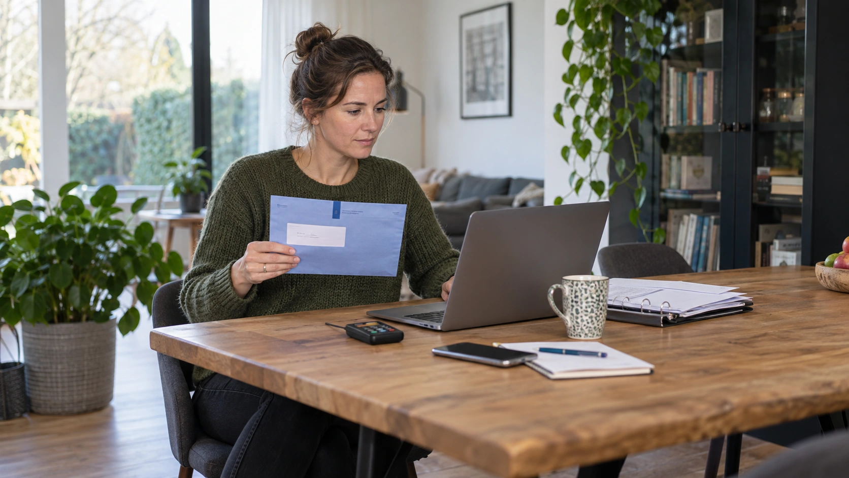 Een medewerker controleert betaalgegevens aan de hand van een belastingbrief en bankomgeving.