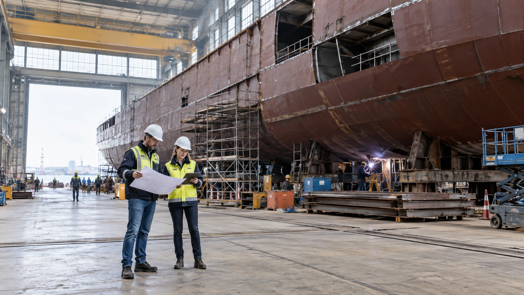 Projectleider controleert de voortgang van een onvoltooide scheepsromp.