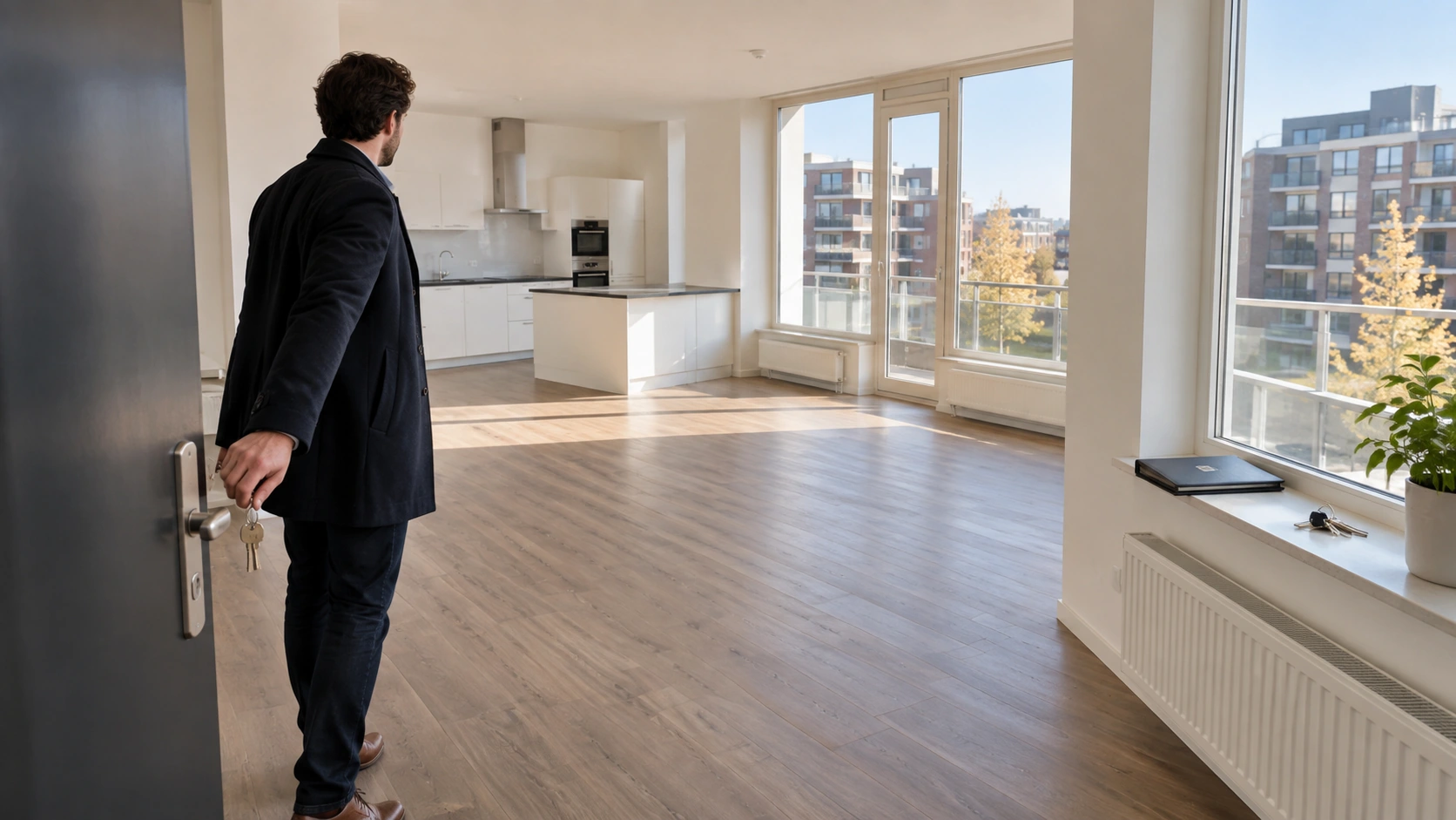Een verhuurder opent een leeg appartement met de sleutels van de woning.