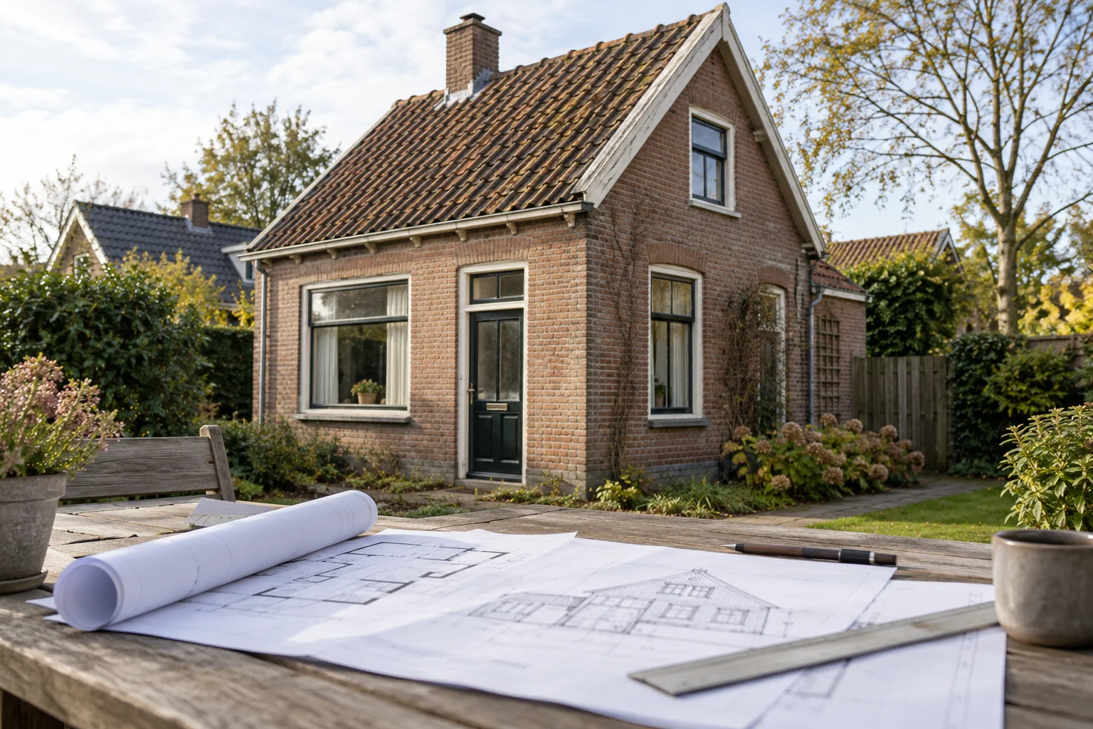 Oud woonhuis met bouwplannen op de voorgrond