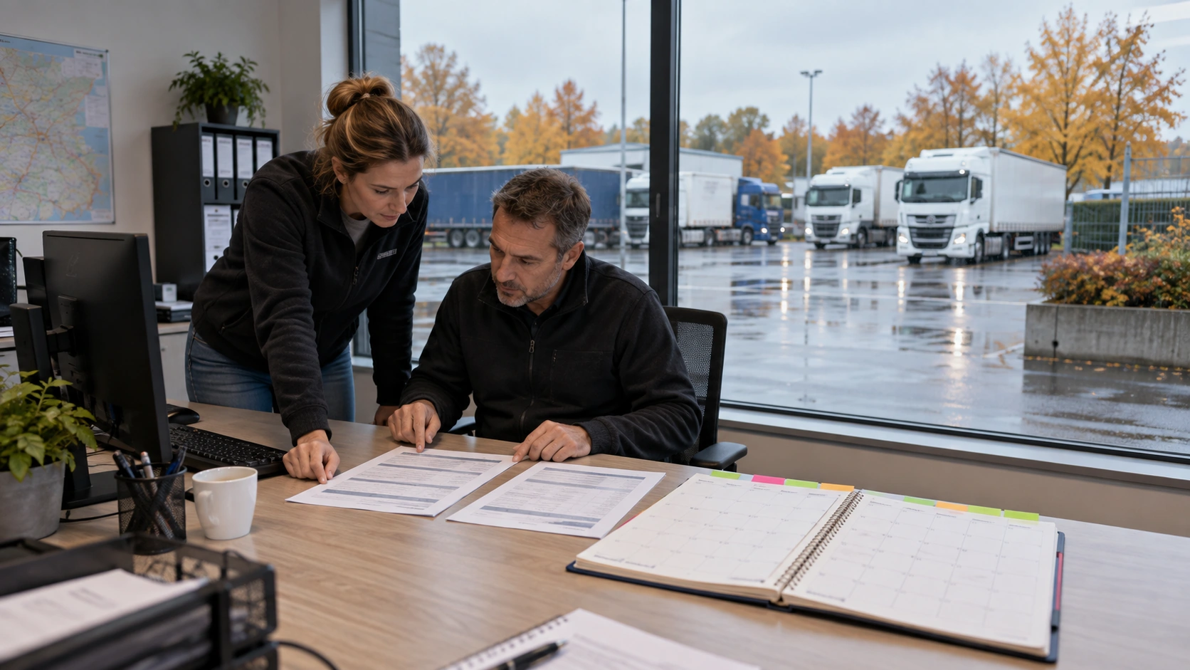 Transportplanner vergelijkt afrekeningen en kalenderperiodes met het wagenpark op de achtergrond.