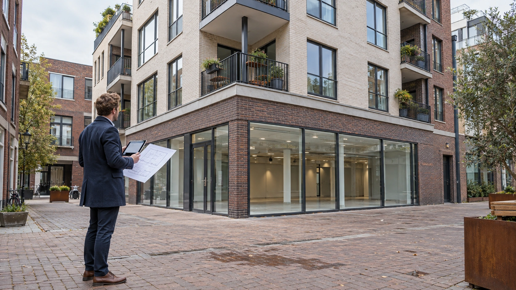 Een adviseur bekijkt een pand met winkelruimte en woningen aan de hand van bouwtekeningen.