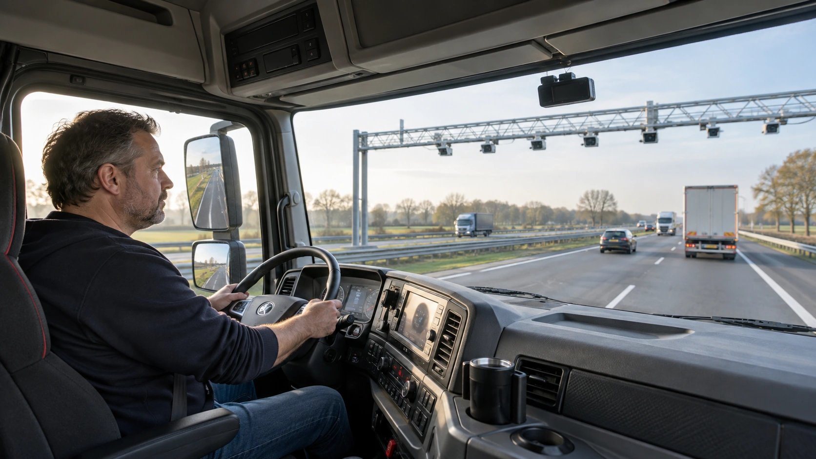 Tolkastje in een vrachtwagencabine op een Nederlandse snelweg.